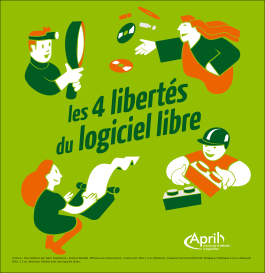 Licence : une initiative de l'April. Graphisme : Antoine Bardelli. Diffusé sous triple licence : Licence Art Libre 1.3 ou ultérieure / Créative Commons Paternité, Partage à l'identique 2.0 ou ultérieure / GDF 1.3 ou ultérieure. Réalisé avec des logiciels libres. / 